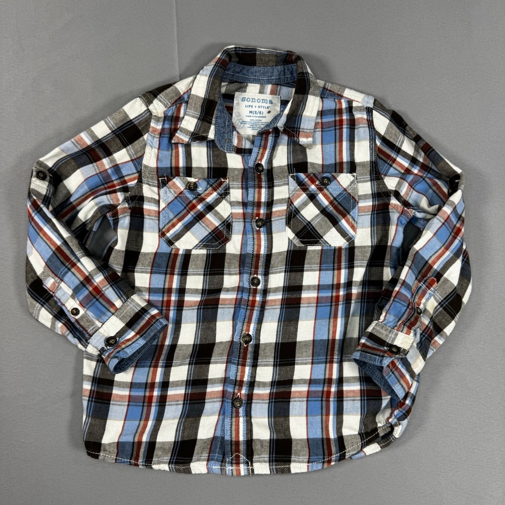 Sonoma Kids Blue Brown Plaid Flannel Button Up Cozy Autumn Shirt Boy Med 5-6